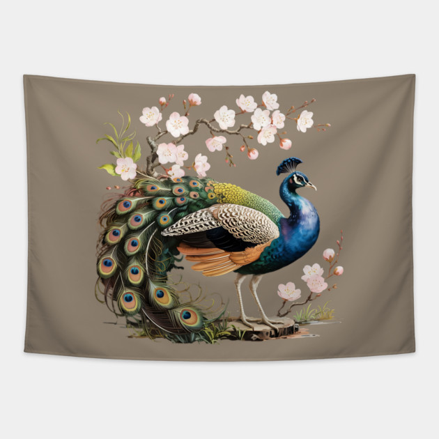 Peacock Standing Beneath Blooming Cherry Blossoms Tapestry by BirdsnStuff
