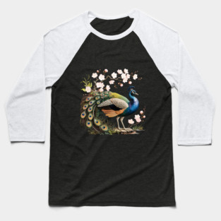 Peacock Standing Beneath Blooming Cherry Blossoms Baseball T-Shirt