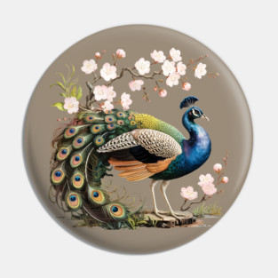 Peacock Standing Beneath Blooming Cherry Blossoms Pin