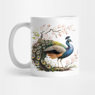 Peacock Standing Beneath Blooming Cherry Blossoms Mug