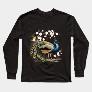Peacock Standing Beneath Blooming Cherry Blossoms Long Sleeve T-Shirt