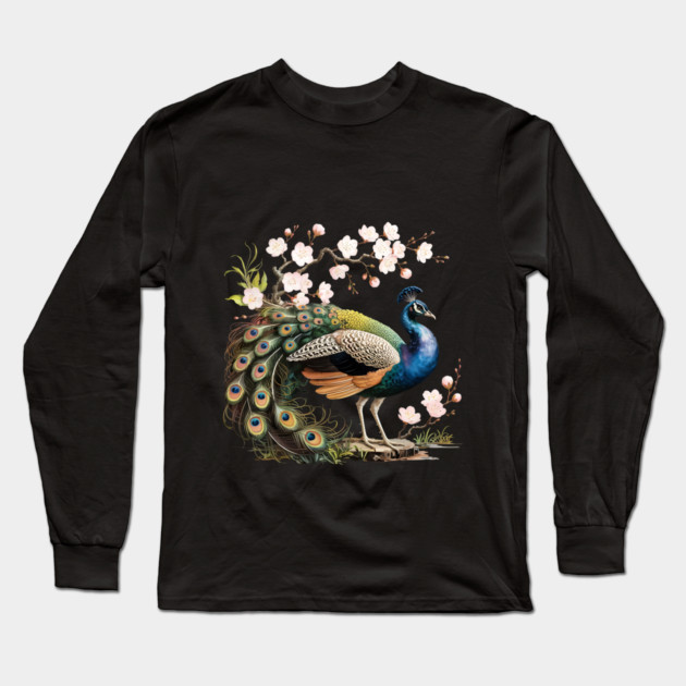 Peacock Standing Beneath Blooming Cherry Blossoms Long Sleeve T-Shirt by BirdsnStuff