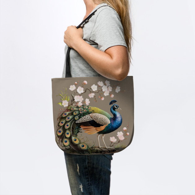 Peacock Standing Beneath Blooming Cherry Blossoms by BirdsnStuff