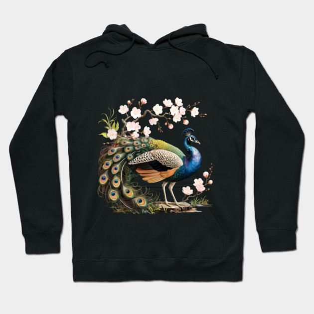 Peacock Standing Beneath Blooming Cherry Blossoms Hoodie by BirdsnStuff
