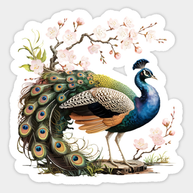 Peacock Standing Beneath Blooming Cherry Blossoms Magnet by BirdsnStuff