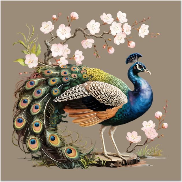 Peacock Standing Beneath Blooming Cherry Blossoms Wall Art by BirdsnStuff