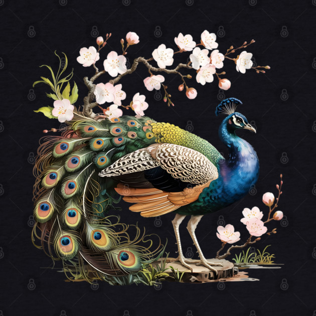 Peacock Standing Beneath Blooming Cherry Blossoms by BirdsnStuff
