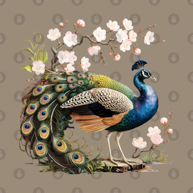 Peacock Standing Beneath Blooming Cherry Blossoms by BirdsnStuff