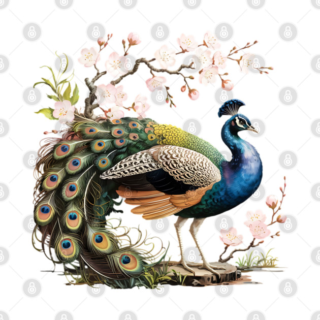 Peacock Standing Beneath Blooming Cherry Blossoms by BirdsnStuff