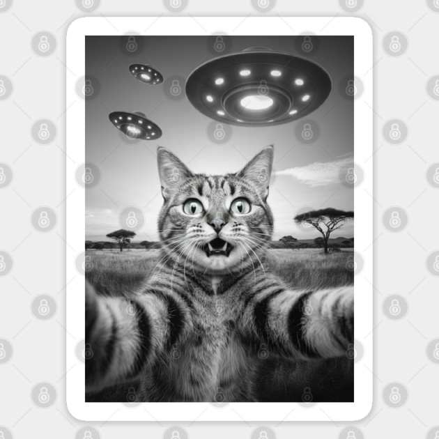 Selfie of Funny Cat And Aliens UFOs in African Savanna #2 Sticker by Megadorim