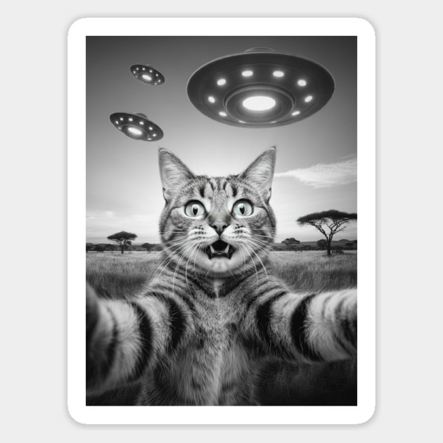 Selfie of Funny Cat And Aliens UFOs in African Savanna #2 Magnet by Megadorim