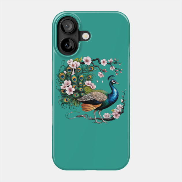 Vibrant Peacock Among Cherry Blossoms and Petal Swirls Phone Case by BirdsnStuff