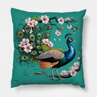 Vibrant Peacock Among Cherry Blossoms and Petal Swirls Pillow