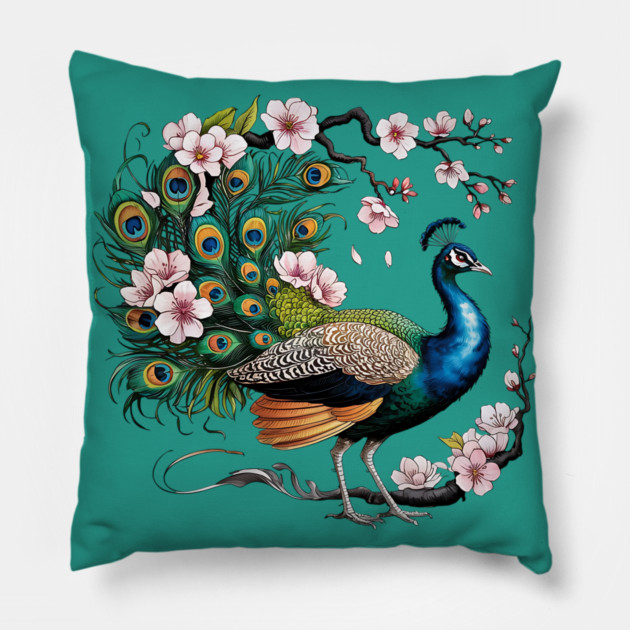 Vibrant Peacock Among Cherry Blossoms and Petal Swirls Pillow by BirdsnStuff