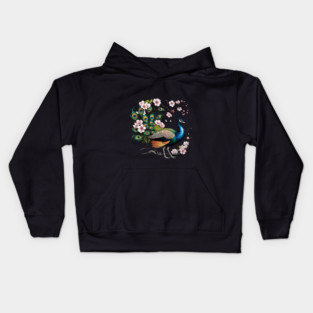 Vibrant Peacock Among Cherry Blossoms and Petal Swirls Kids Hoodie