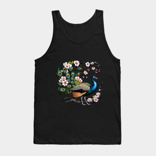 Vibrant Peacock Among Cherry Blossoms and Petal Swirls Tank Top by BirdsnStuff