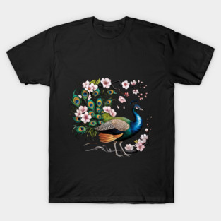 Vibrant Peacock Among Cherry Blossoms and Petal Swirls T-Shirt