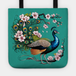 Vibrant Peacock Among Cherry Blossoms and Petal Swirls Tote