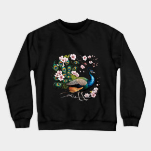 Vibrant Peacock Among Cherry Blossoms and Petal Swirls Crewneck Sweatshirt
