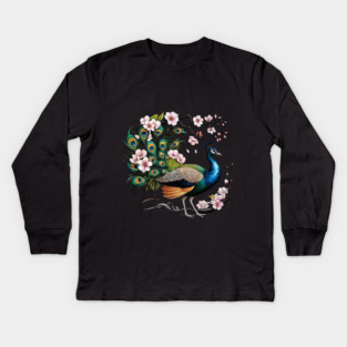 Vibrant Peacock Among Cherry Blossoms and Petal Swirls Kids Long Sleeve T-Shirt