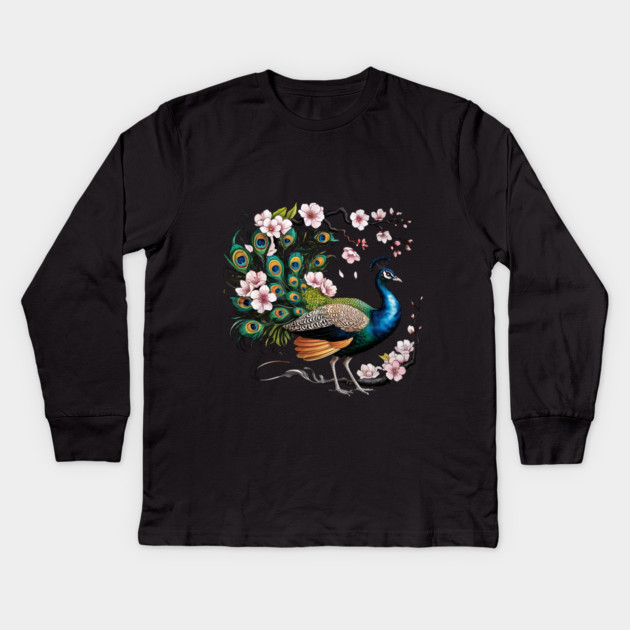 Vibrant Peacock Among Cherry Blossoms and Petal Swirls Kids Long Sleeve T-Shirt by BirdsnStuff