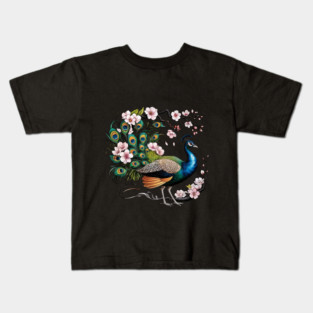 Vibrant Peacock Among Cherry Blossoms and Petal Swirls Kids T-Shirt