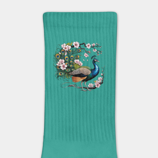 Vibrant Peacock Among Cherry Blossoms and Petal Swirls by BirdsnStuff