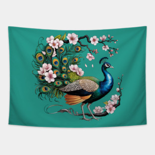Vibrant Peacock Among Cherry Blossoms and Petal Swirls Tapestry