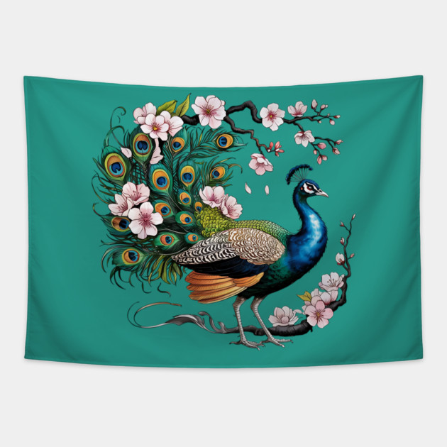 Vibrant Peacock Among Cherry Blossoms and Petal Swirls Tapestry by BirdsnStuff