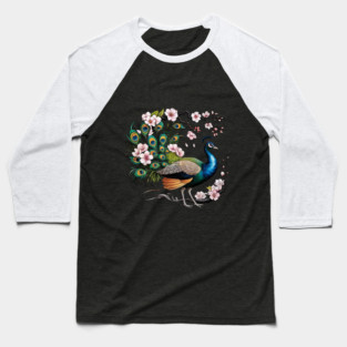 Vibrant Peacock Among Cherry Blossoms and Petal Swirls Baseball T-Shirt