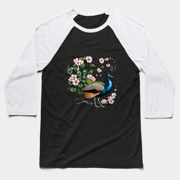 Vibrant Peacock Among Cherry Blossoms and Petal Swirls Baseball T-Shirt by BirdsnStuff