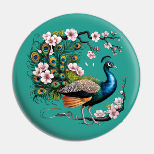 Vibrant Peacock Among Cherry Blossoms and Petal Swirls Pin
