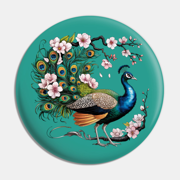 Vibrant Peacock Among Cherry Blossoms and Petal Swirls Pin by BirdsnStuff