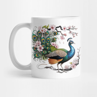 Vibrant Peacock Among Cherry Blossoms and Petal Swirls Mug