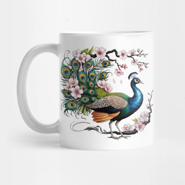 Vibrant Peacock Among Cherry Blossoms and Petal Swirls by BirdsnStuff