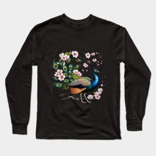 Vibrant Peacock Among Cherry Blossoms and Petal Swirls Long Sleeve T-Shirt
