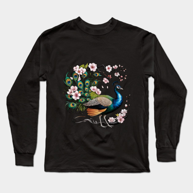 Vibrant Peacock Among Cherry Blossoms and Petal Swirls Long Sleeve T-Shirt by BirdsnStuff