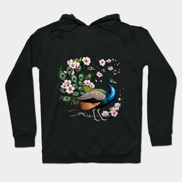 Vibrant Peacock Among Cherry Blossoms and Petal Swirls Hoodie by BirdsnStuff