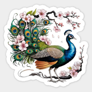 Vibrant Peacock Among Cherry Blossoms and Petal Swirls Sticker