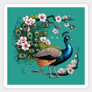 Vibrant Peacock Among Cherry Blossoms and Petal Swirls Magnet