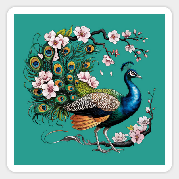 Vibrant Peacock Among Cherry Blossoms and Petal Swirls Magnet by BirdsnStuff