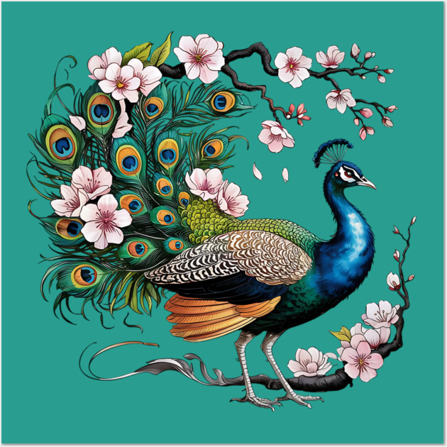 Vibrant Peacock Among Cherry Blossoms and Petal Swirls Wall Art by BirdsnStuff