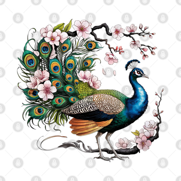 Vibrant Peacock Among Cherry Blossoms and Petal Swirls by BirdsnStuff
