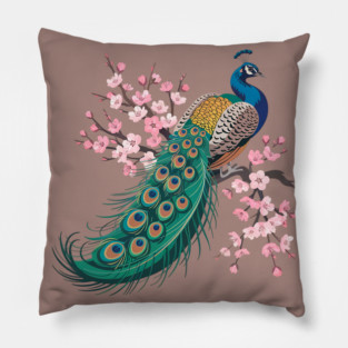 Stylized Peacock with Blossoms and Flowing Feathers Pillow