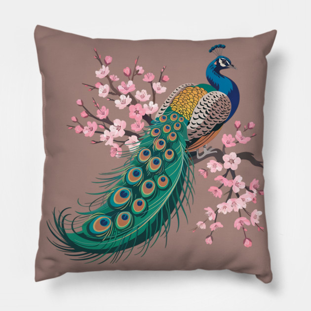 Stylized Peacock with Blossoms and Flowing Feathers Pillow by BirdsnStuff