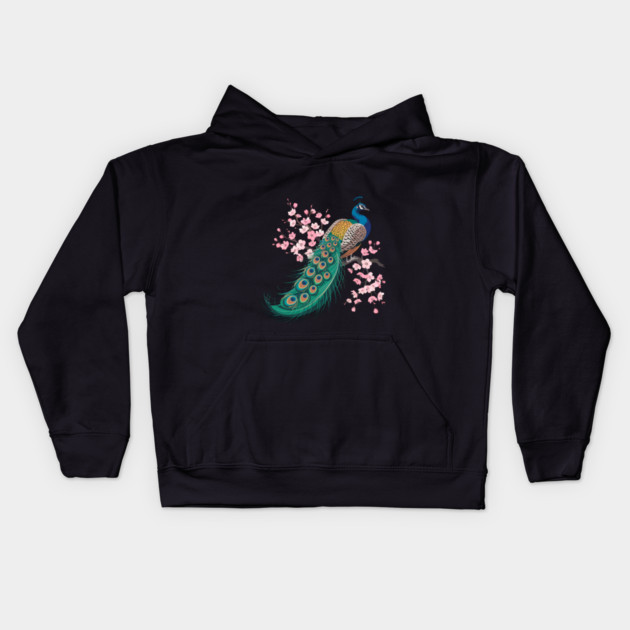 Stylized Peacock with Blossoms and Flowing Feathers Kids Hoodie by BirdsnStuff