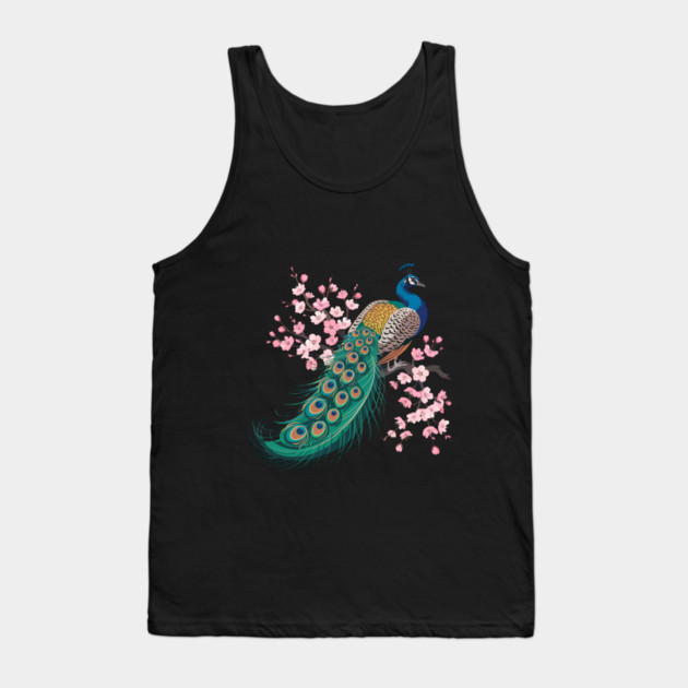 Stylized Peacock with Blossoms and Flowing Feathers Tank Top by BirdsnStuff