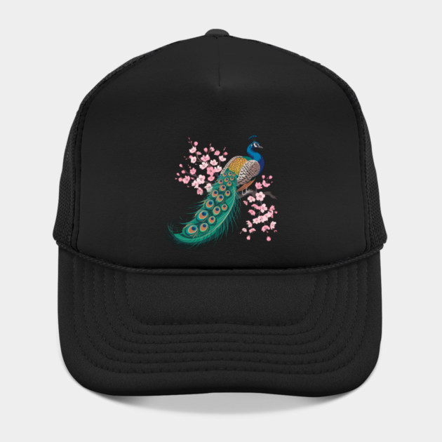 Stylized Peacock with Blossoms and Flowing Feathers by BirdsnStuff