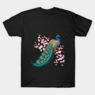 Stylized Peacock with Blossoms and Flowing Feathers T-Shirt