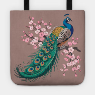 Stylized Peacock with Blossoms and Flowing Feathers Tote
